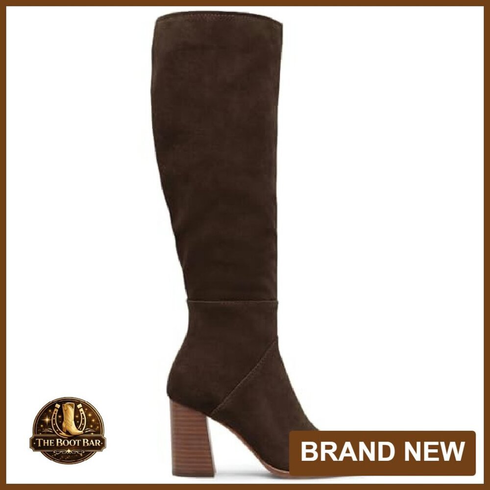 Knee High Boots Square Toe Chunky Heel Side Zipper Faux Suede - Picture 5 of 8